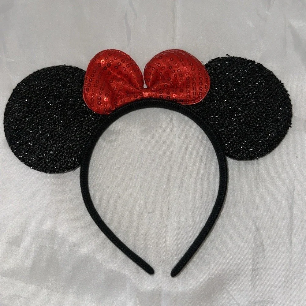 Set of 2 Mouse Ears Headbands Black Velvet Sparkle Red Sequin Bow Party Supplies